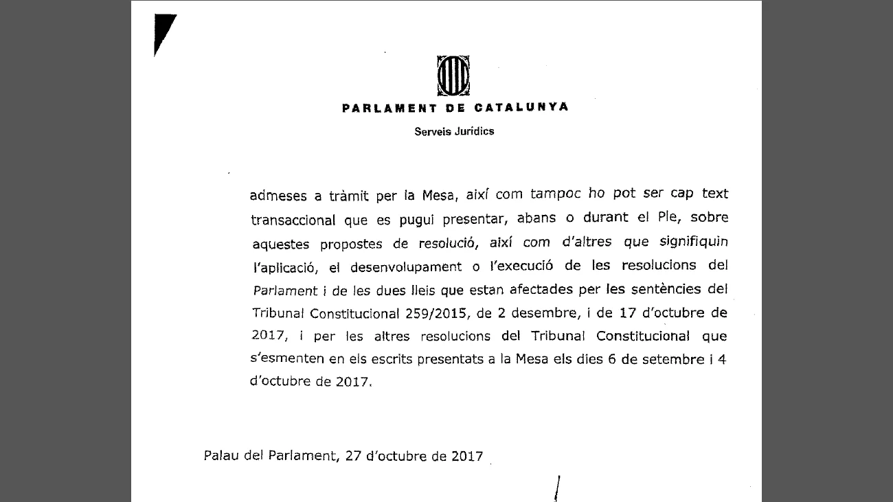 Informe de los letrados del Parlament en respuesta a la propuesta de Junts pel Sí y la CUP