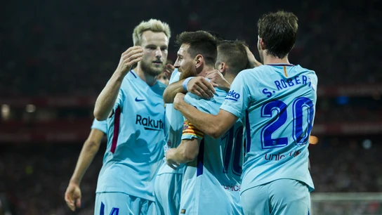 El Barcelona celebra un gol de Messi El Barcelona celebra un gol de Messi