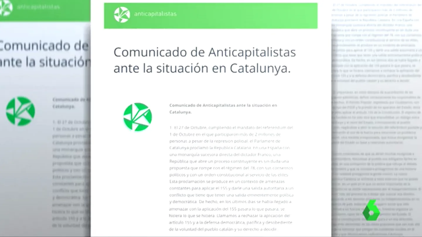 La corriente 'Anticapitalistas' de Podemos reconoce la "República Catalana" La corriente 'Anticapitalistas' de Podemos reconoce la "República Catalana"