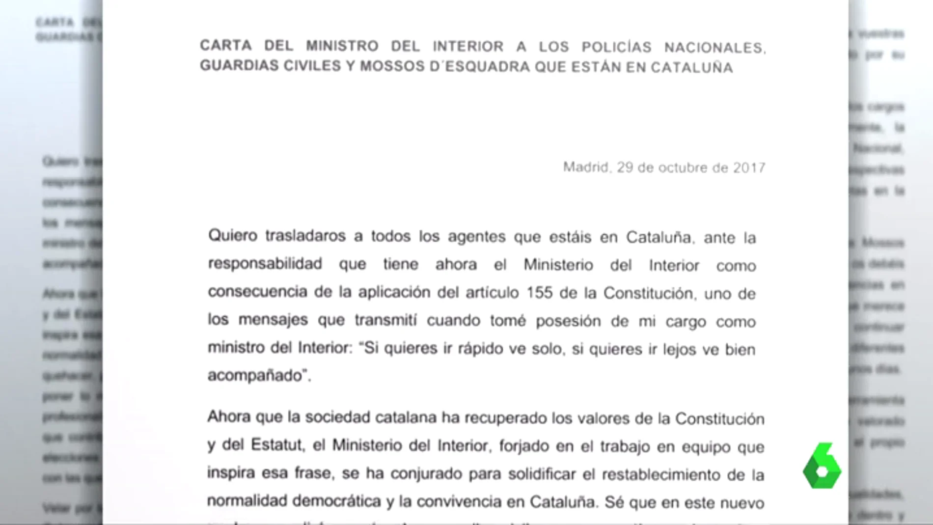 El ministro del Interior envía una carta a las Fuerzas de Seguridad catalanas