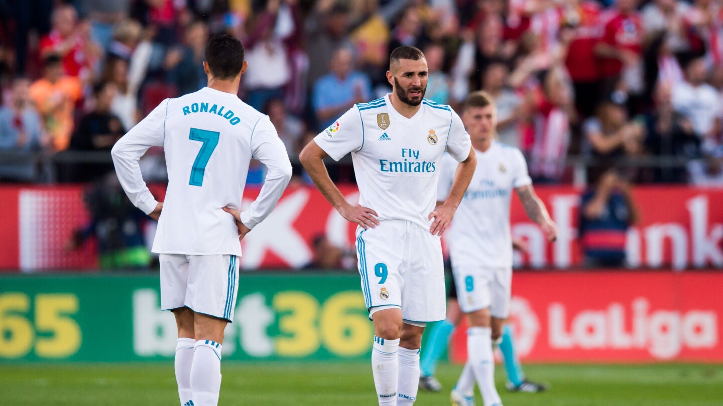 Cristiano, Benzema y Kroos se lamentan tras un gol del Girona