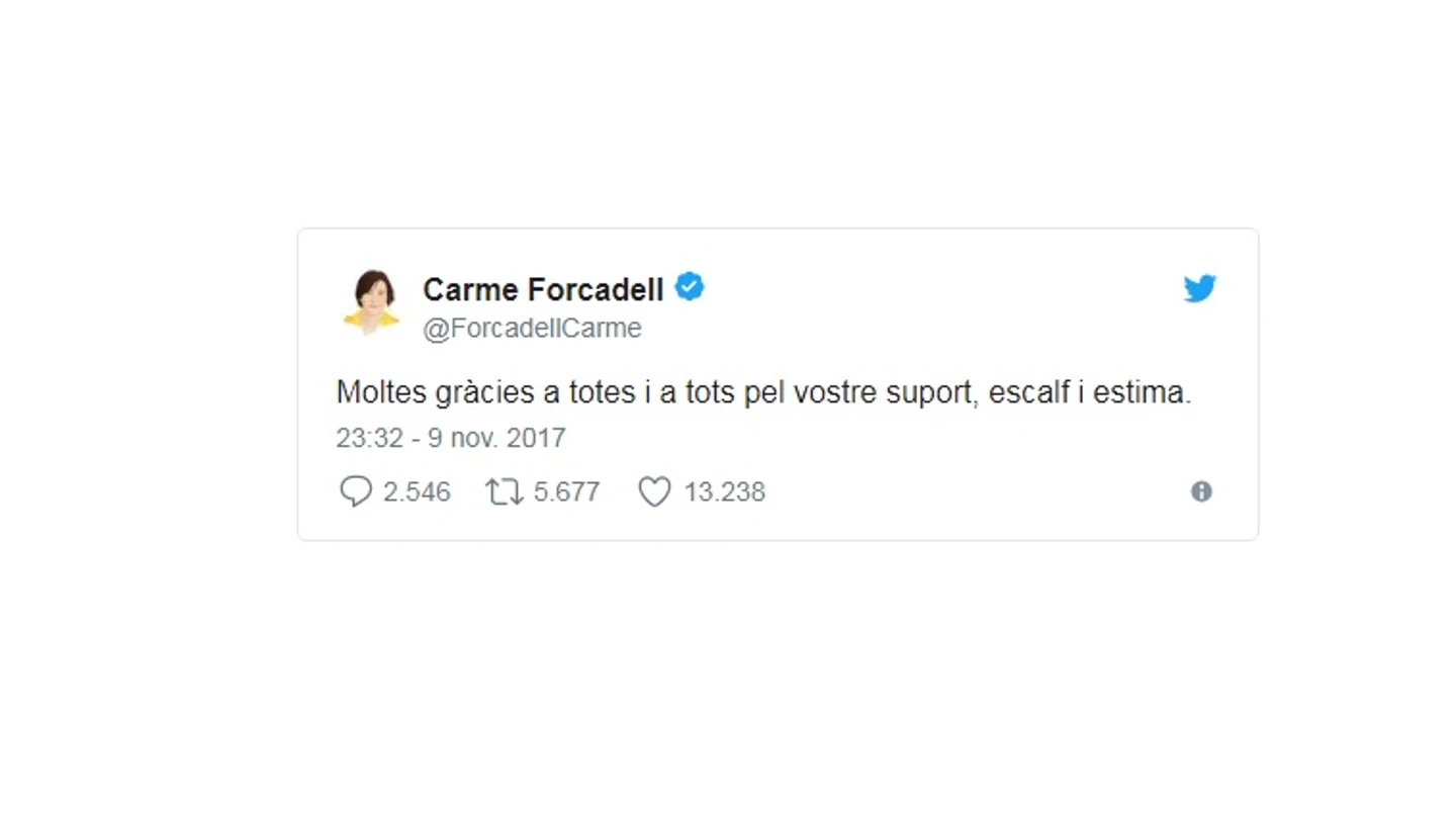 Forcadell agradece el apoyo en Twitter Forcadell agradece el apoyo en Twitter