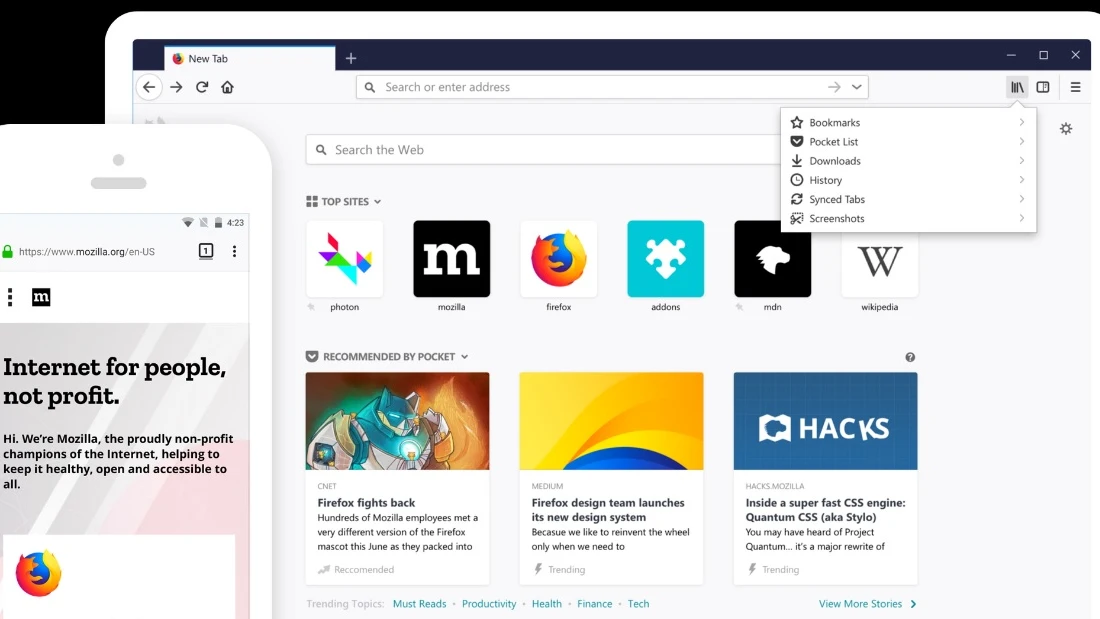 Interfaz del nuevo Firefox Quantum en diversos dispositivos