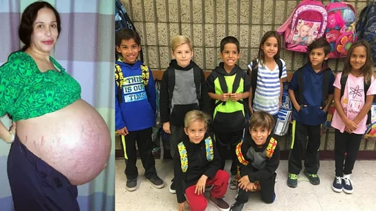 Nadya Suleman durante su embarazo y al lado sus hijos en el colegio Nadya Suleman durante su embarazo y al lado sus hijos en el colegio
