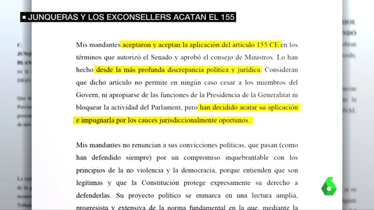 Oriol Junqueras insiste en que acepta el 155 y promete al Supremo actuar desde "el di&aacute;logo"