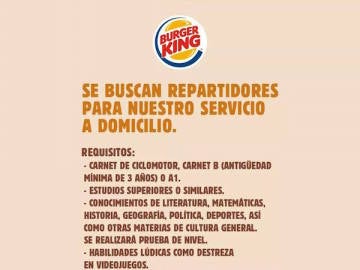 Anuncio de Burger King para contratar repartidores. Anuncio de Burger King para contratar repartidores.