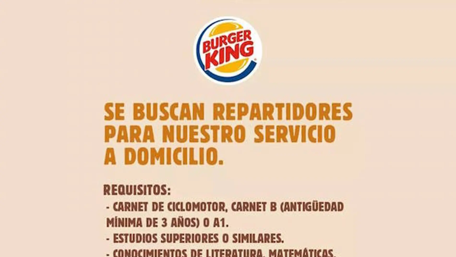 Anuncio de Burger King para contratar repartidores. 