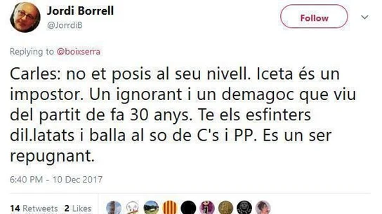 Tuit de Jordi Borrell contra Miquel Iceta Tuit de Jordi Borrell contra Miquel Iceta