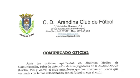 El comunicado del Arandina sobre las detenciones de sus jugadores El comunicado del Arandina sobre las detenciones de sus jugadores