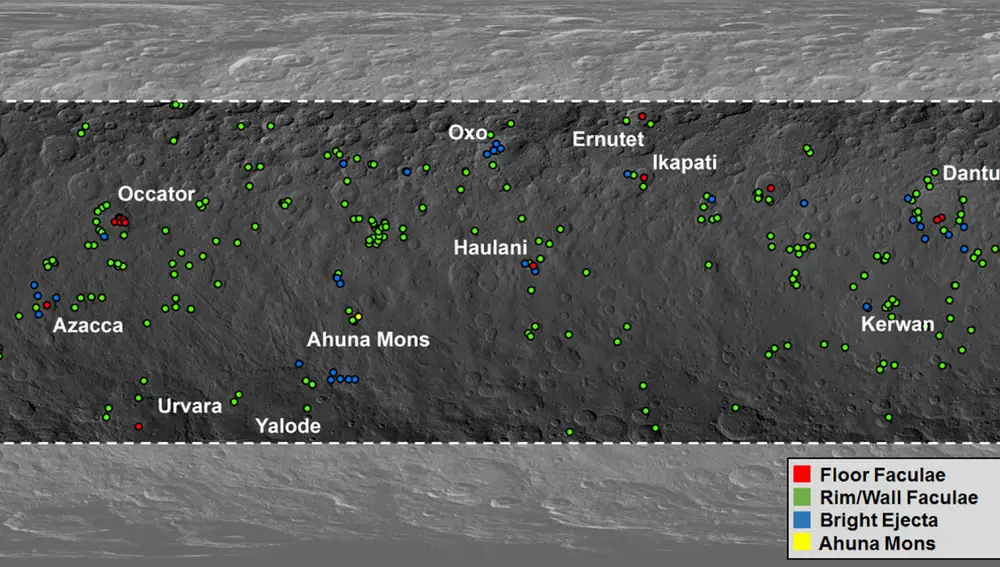 Mapa que muestra los puntos brillantes en Ceres y la categoría a la que pertenecen 