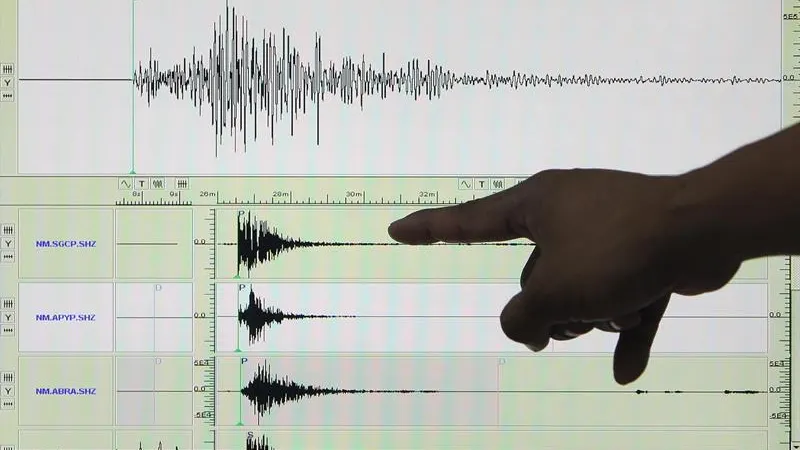 Un sismólogo señala un sismógrafo Un sismólogo señala un sismógrafo