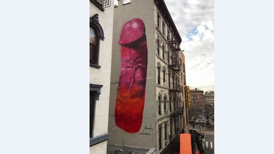 Un pene gigante pintado en un edificio de Nueva York Un pene gigante pintado en un edificio de Nueva York