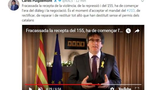 Captura de la cuenta de Twitter del expresidente de la Generalitat Carles Puigdemont
