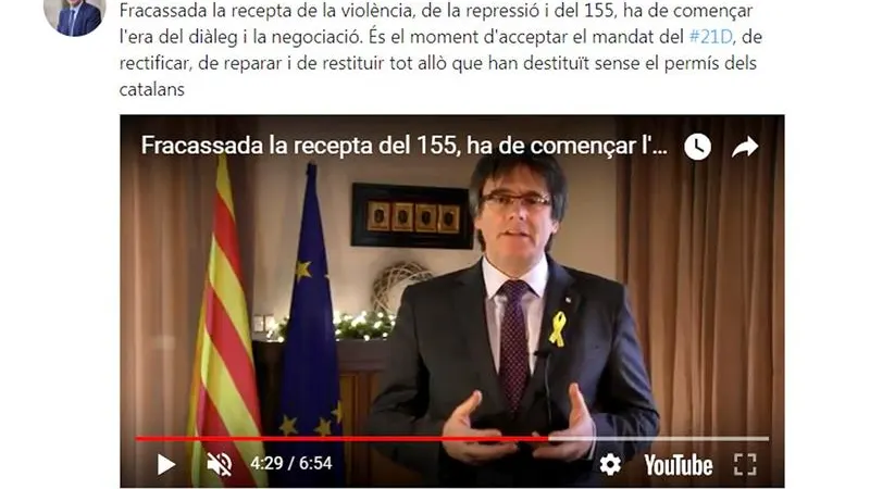 Captura de la cuenta de Twitter del expresidente de la Generalitat Carles Puigdemont Captura de la cuenta de Twitter del expresidente de la Generalitat Carles Puigdemont