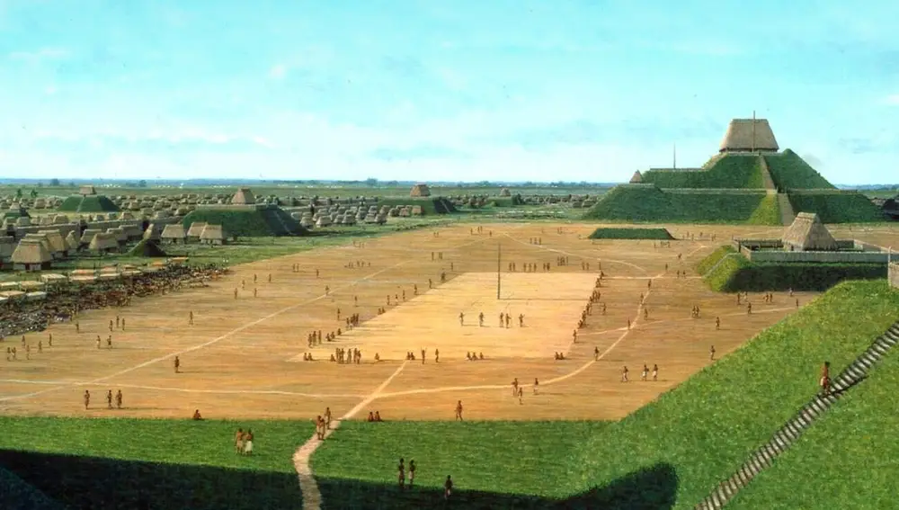 Recreación antigua civilización Cahokia Mounds 