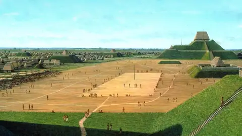 Recreación antigua civilización Cahokia Mounds Cahokia Mounds, el sitio arqueológico más importante de América del Norte