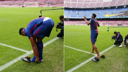 Yerry Mina y su particular ritual antes de pisar el césped Yerry Mina y su particular ritual antes de pisar el césped
