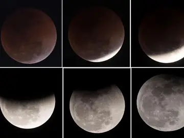 Distintas fases lunares durante un eclipse lunar en el cielo de Katmandú (Nepal) Distintas fases lunares durante un eclipse lunar en el cielo de Katmandú (Nepal)