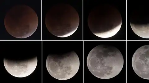 Combo de imágenes de las distintas fases lunares durante el eclipse lunar en el cielo de Katmandú (Nepal)
