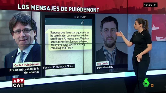 Del "Cataluña no se rinde" al "esto ha terminado": el doble discurso que Puigdemont da en público y en privado Del "Cataluña no se rinde" al "esto ha terminado": el doble discurso que Puigdemont da en público y en privado