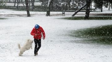 Un hombre pasea con su perro por el parque Emperatriz María de Austria, en Carabanchel,