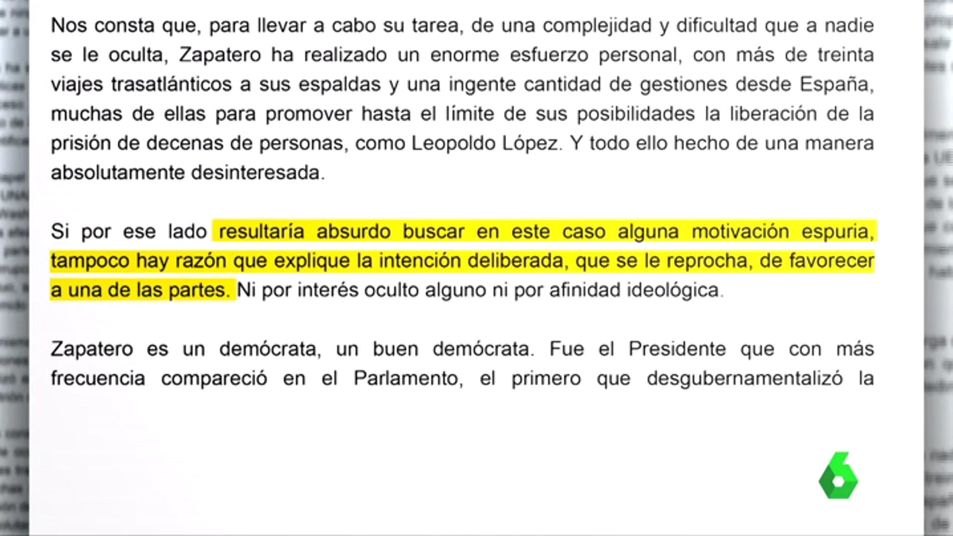 Una parte del manifiesto en defensa de la labor de Zapatero en Venezuela