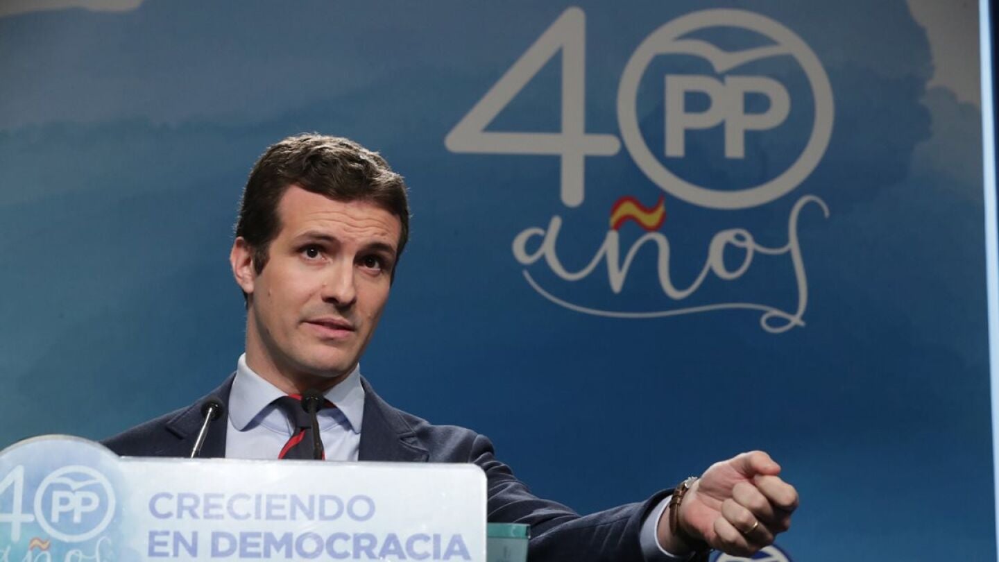 Pablo Casado en la sede del PP
