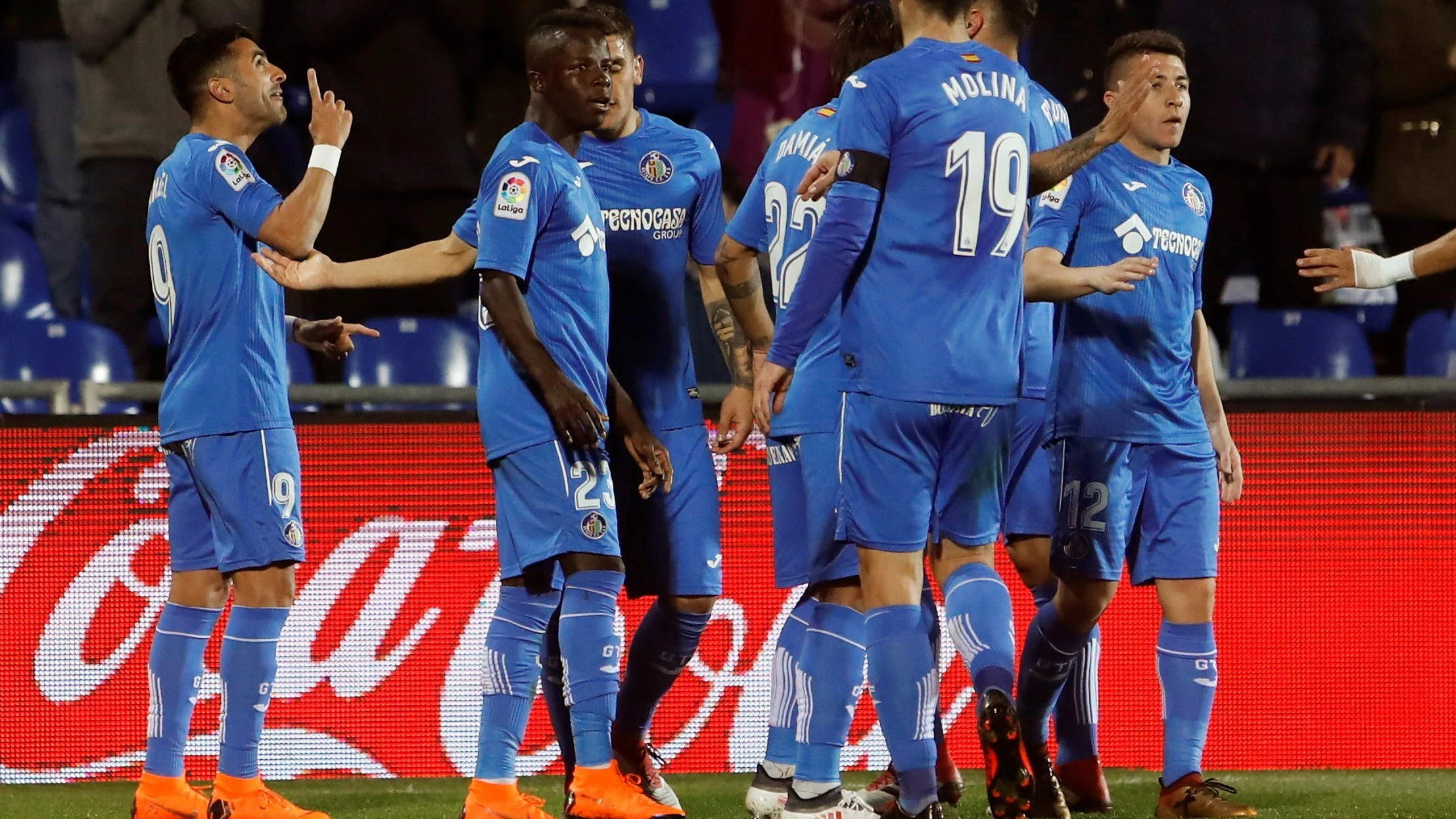 Los jugadores del Getafe celebran uno de los goles ante el Celta