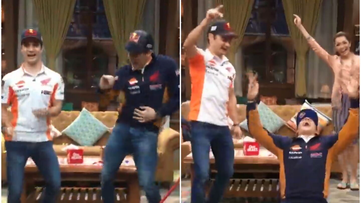 Dani Pedrosa y Marc M&aacute;rquez bailan en un programa de televisi&oacute;n de Indonesia