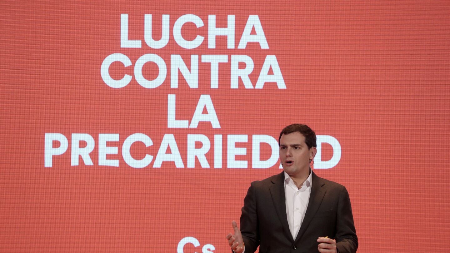 El presidente de Ciudanos, Albert Rivera, durante su intervenci&oacute;n en el acto &lsquo;Nuevo modelo laboral: Lucha contra la precariedad&rsquo;