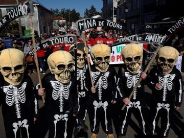 Vecinos disfrazados con calaveras se manifiestan en Touro contra la reapertura de una mina de cobre Vecinos disfrazados con calaveras se manifiestan en Touro contra la reapertura de una mina de cobre