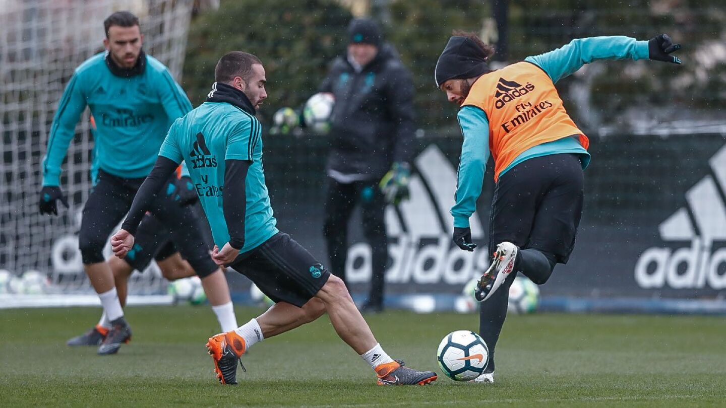 Marcelo, durante el entrenamiento del Real Madrid