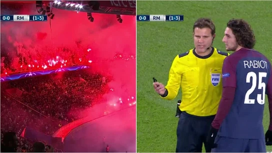 Felix Brych habla con Rabiot tras el encendido de varias bengalas en un fondo del Parque de los Príncipes Felix Brych habla con Rabiot tras el encendido de varias bengalas en un fondo del Parque de los Príncipes