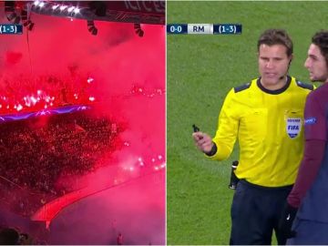 Felix Brych habla con Rabiot tras el encendido de varias bengalas en un fondo del Parque de los Príncipes Felix Brych habla con Rabiot tras el encendido de varias bengalas en un fondo del Parque de los Príncipes