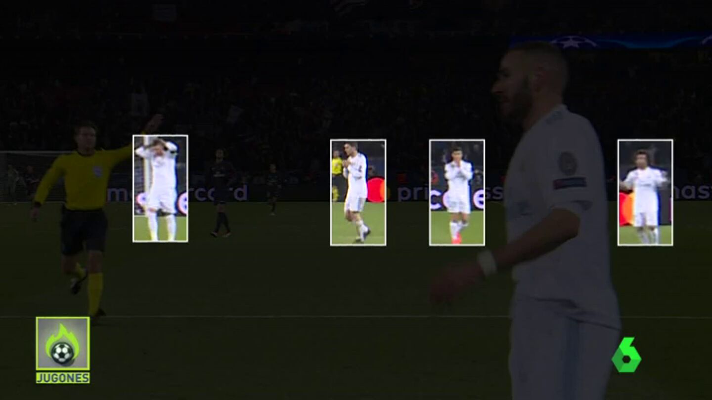 La reacci&oacute;n de los jugadores del Madrid tras el fallo de Benzema en un mano a mano ante Areola