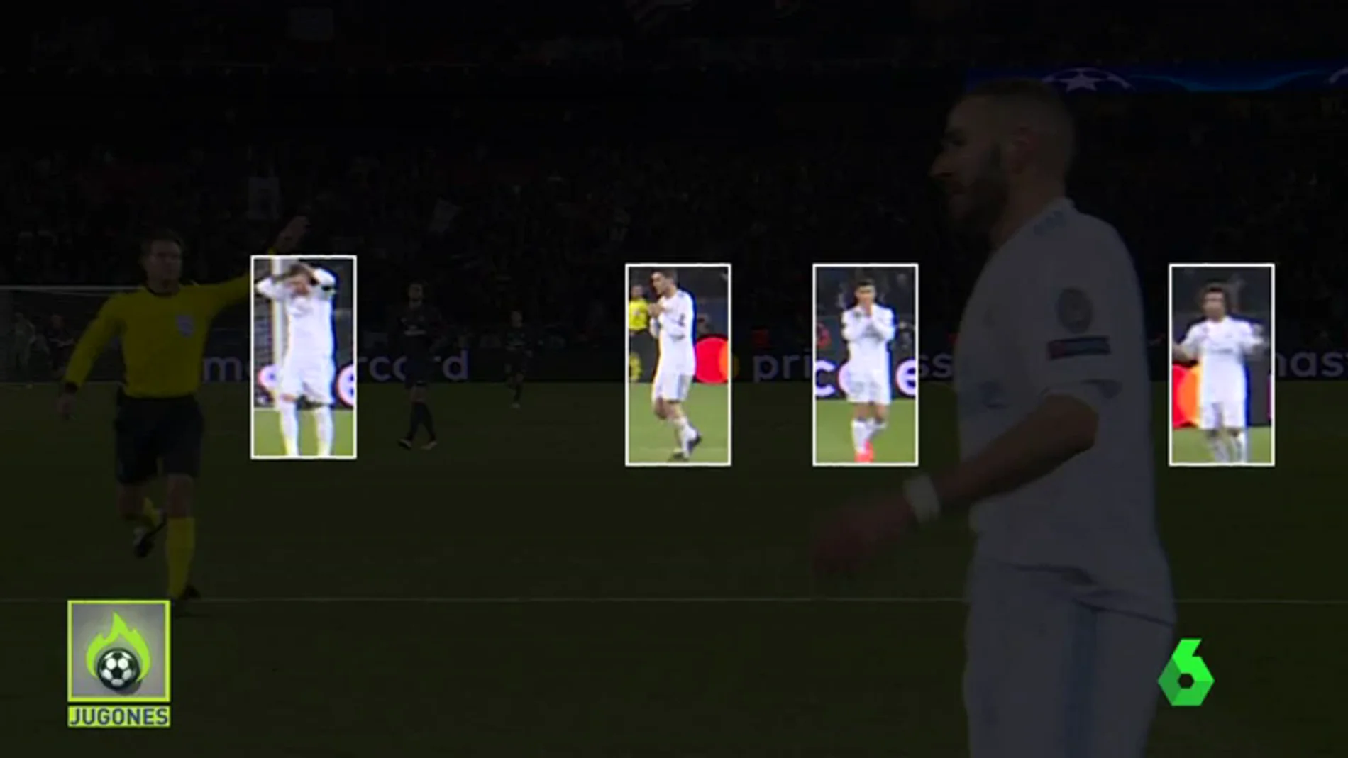 La reacción de los jugadores del Madrid tras el fallo de Benzema en un mano a mano ante Areola