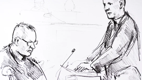 Un dibujo de Anne Gyrite Schuett muestra al acusado, Peter Madsen  Un dibujo de Anne Gyrite Schuett muestra al acusado, Peter Madsen