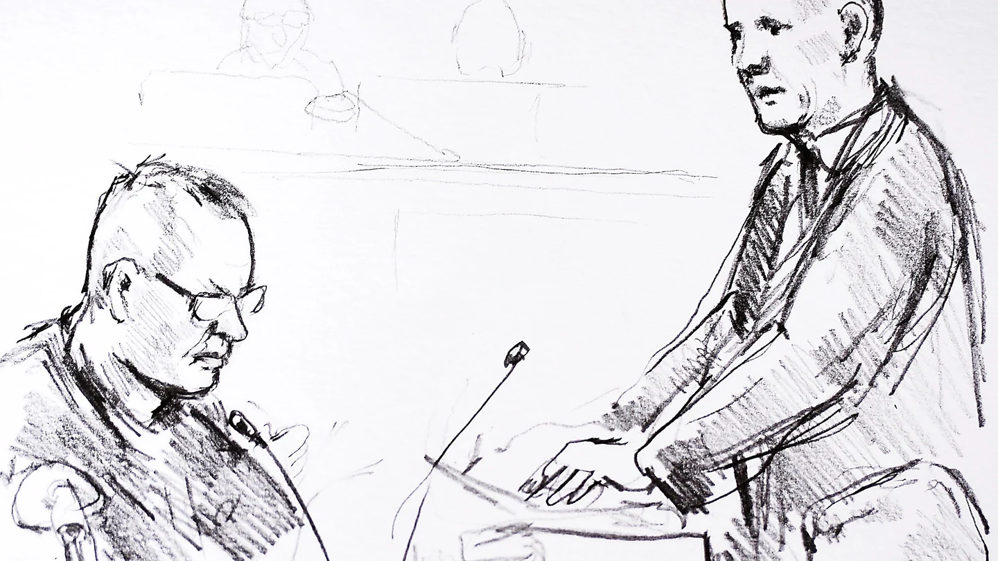 Un dibujo de Anne Gyrite Schuett muestra al acusado, Peter Madsen Un dibujo de Anne Gyrite Schuett muestra al acusado, Peter Madsen