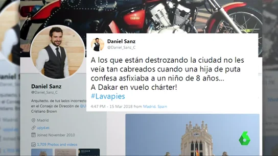 El polémico comentario de un miembro de UPyD contra los destrozos en Lavapiés: "No les veía tan cabreados cuando una hija de puta confesa asfixiaba a un niño de ocho años" El polémico comentario de un miembro de UPyD contra los destrozos en Lavapiés: "No les veía tan cabreados cuando una hija de puta confesa asfixiaba a un niño de ocho años"