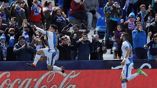 Bustinza celebra su gol con el Legan&eacute;s en Butarque