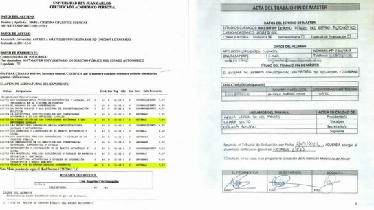 Documentos aportados por Cifuentes sobre su máster Documentos aportados por Cifuentes sobre su máster