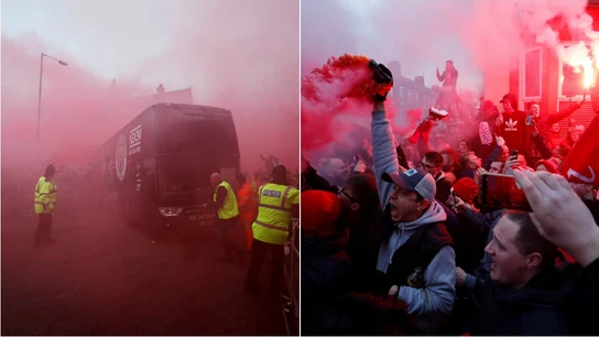 El autobús del City, a su llegada a Anfield El autobús del City, a su llegada a Anfield