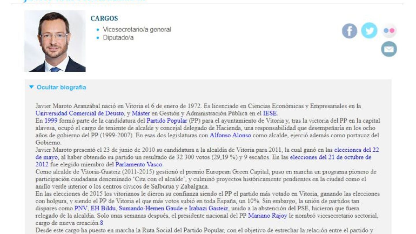 Curr&iacute;culum de Javier Maroto en la web del PP