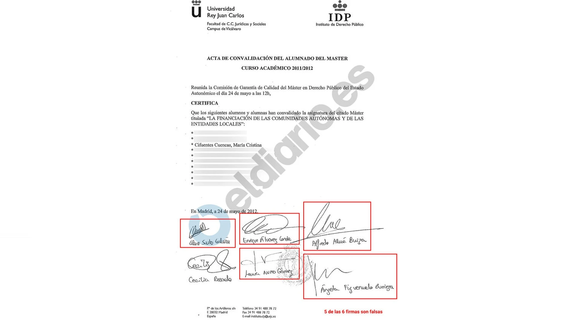  Mientras Cristina Cifuentes continúa sin aclarar todas las dudas sobre su máster en la Universidad Rey Juan Carlos, continúa saliendo a la luz más información que podría comprometerle. Un equipo de eldiario.es ha tenido acceso a las actas de convalidación de sus asignaturas y en ellas varias firmas están falsificadas. Los documentos son de 2012 y sirvieron, según eldiario.es, para convalidar asignaturas de Cristina Cifuentes a final de curso. Además, según este medio, varios profesores que figuran en los documentos, no tendrían constancia, ni se les habría dicho en ningún momento que sus firmas iban a ser utilizadas. Acta de convalidación de asignaturas de Cristina Cifuentes 