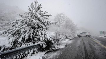 Un coche en una carretera nevada en A Canda (Ourense)