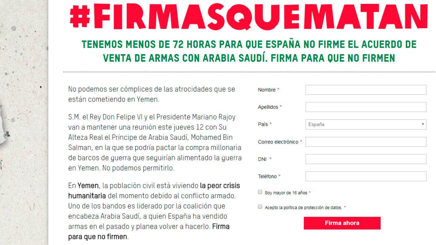 #FirmasQueMatan, contra la venta de armas a Arabia Saud&iacute;