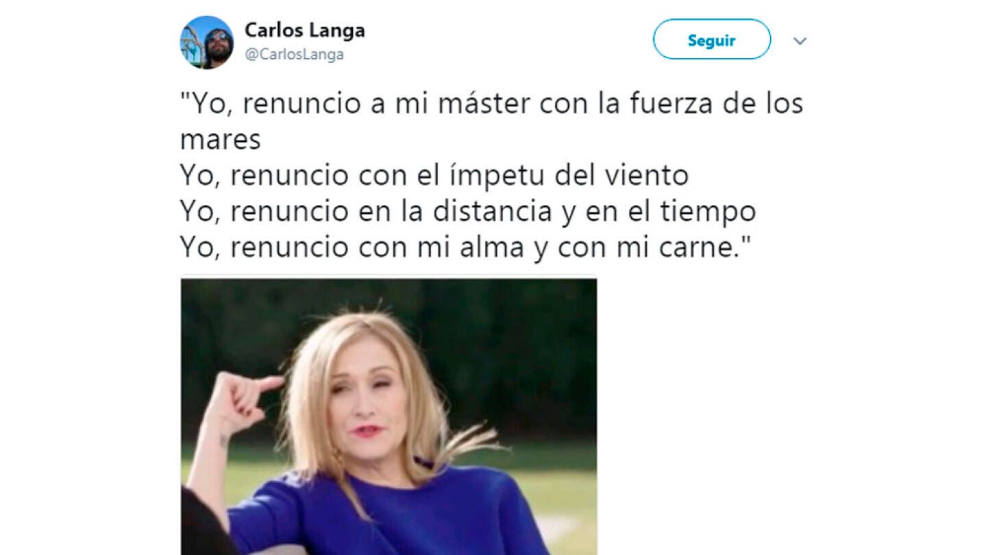 Uno de los tuits que se r&iacute;en de la carta de renuncia al m&aacute;ster de Cifuentes