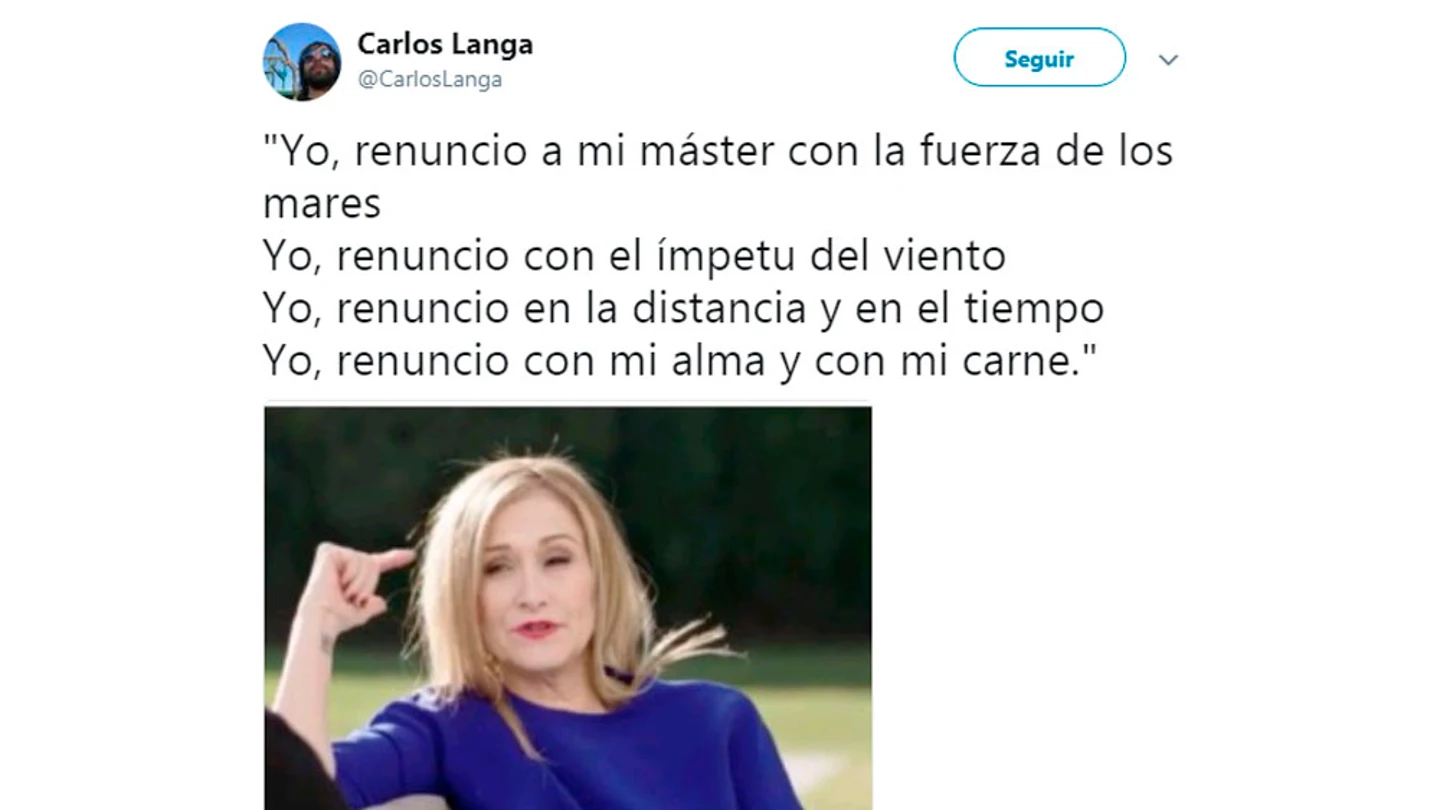 Uno de los tuits que se ríen de la carta de renuncia al máster de Cifuentes Uno de los tuits que se ríen de la carta de renuncia al máster de Cifuentes