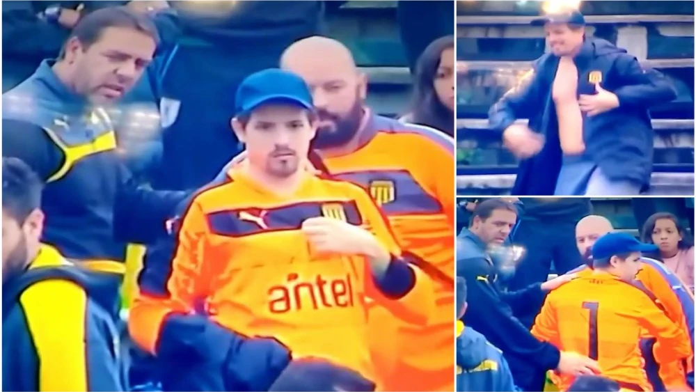 El aficionado presta su camiseta al portero del Peñarol