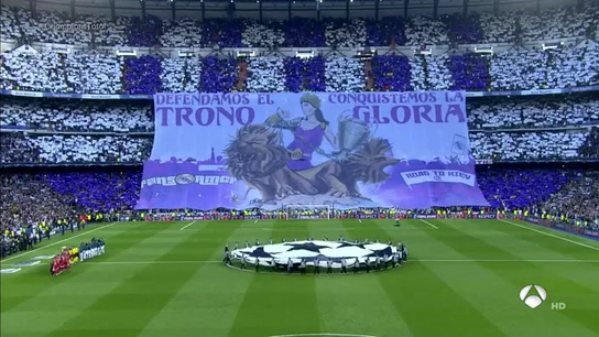 "Defendamos el trono, conquistemos la gloria": el espectacular mosaico del Bernabéu para el Madrid-Bayern "Defendamos el trono, conquistemos la gloria": el espectacular mosaico del Bernabéu para el Madrid-Bayern